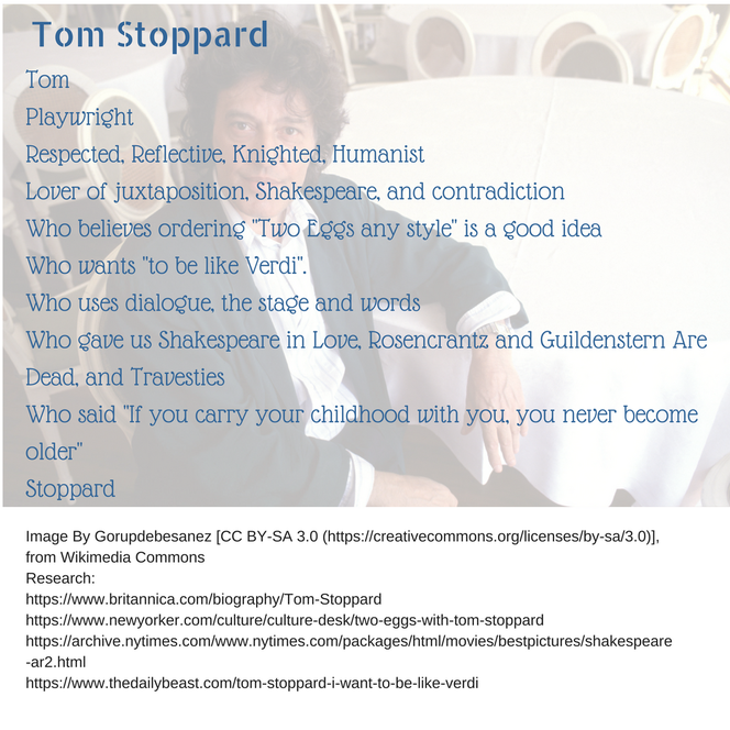 Picture of Tom Stoppard overlaid with a Bio Poem